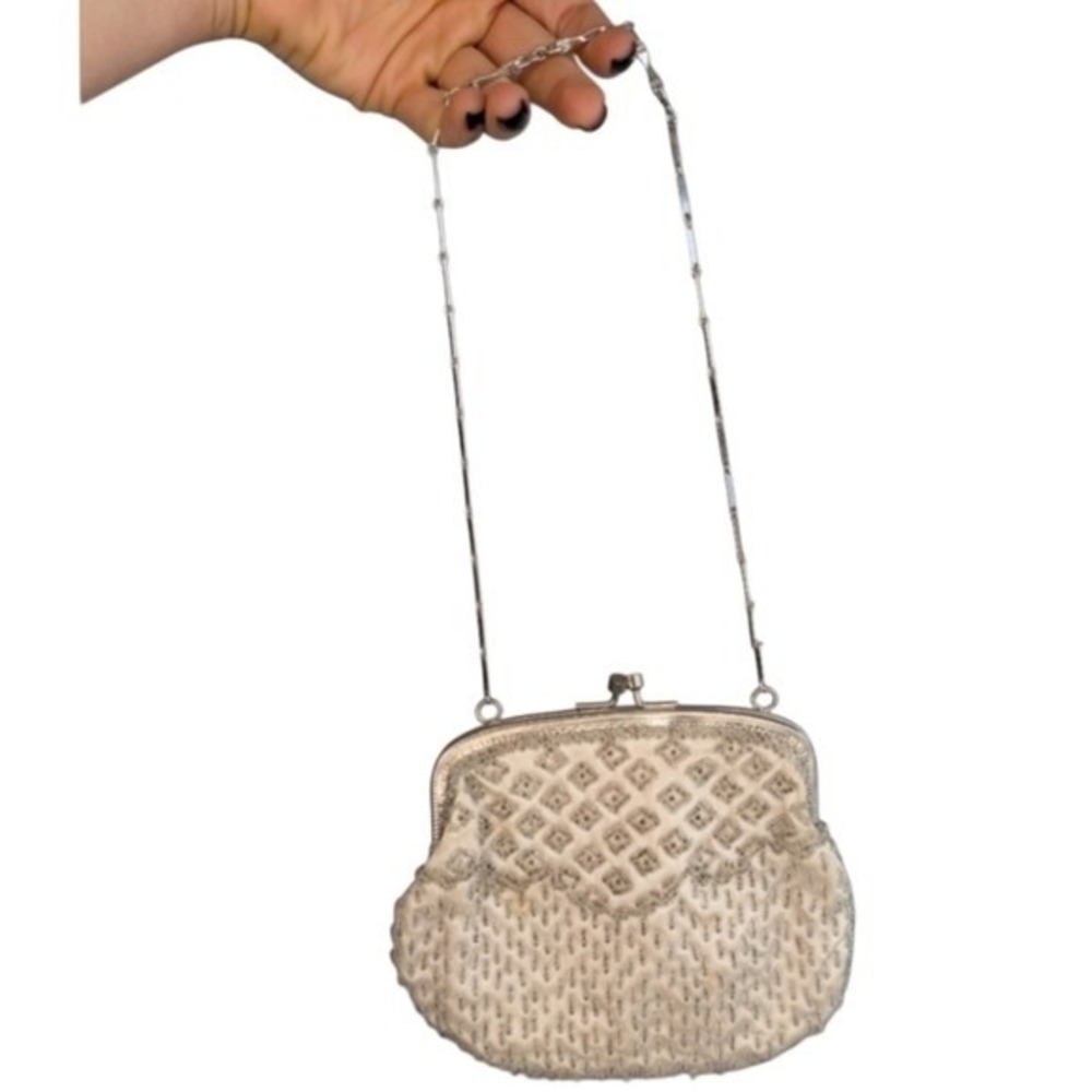 Vintage Handmade Hong Kong Cream Beaded Handbag Clutch‎ Purse Wedding Formal Y2K